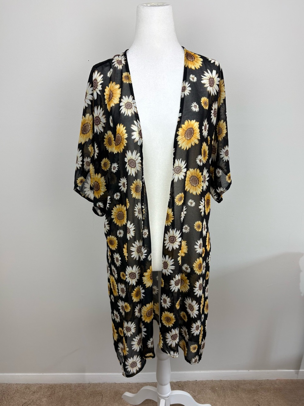 90s Style Black Sunflower Print Sheer Duster Large EUC Grunge Boho Maternity